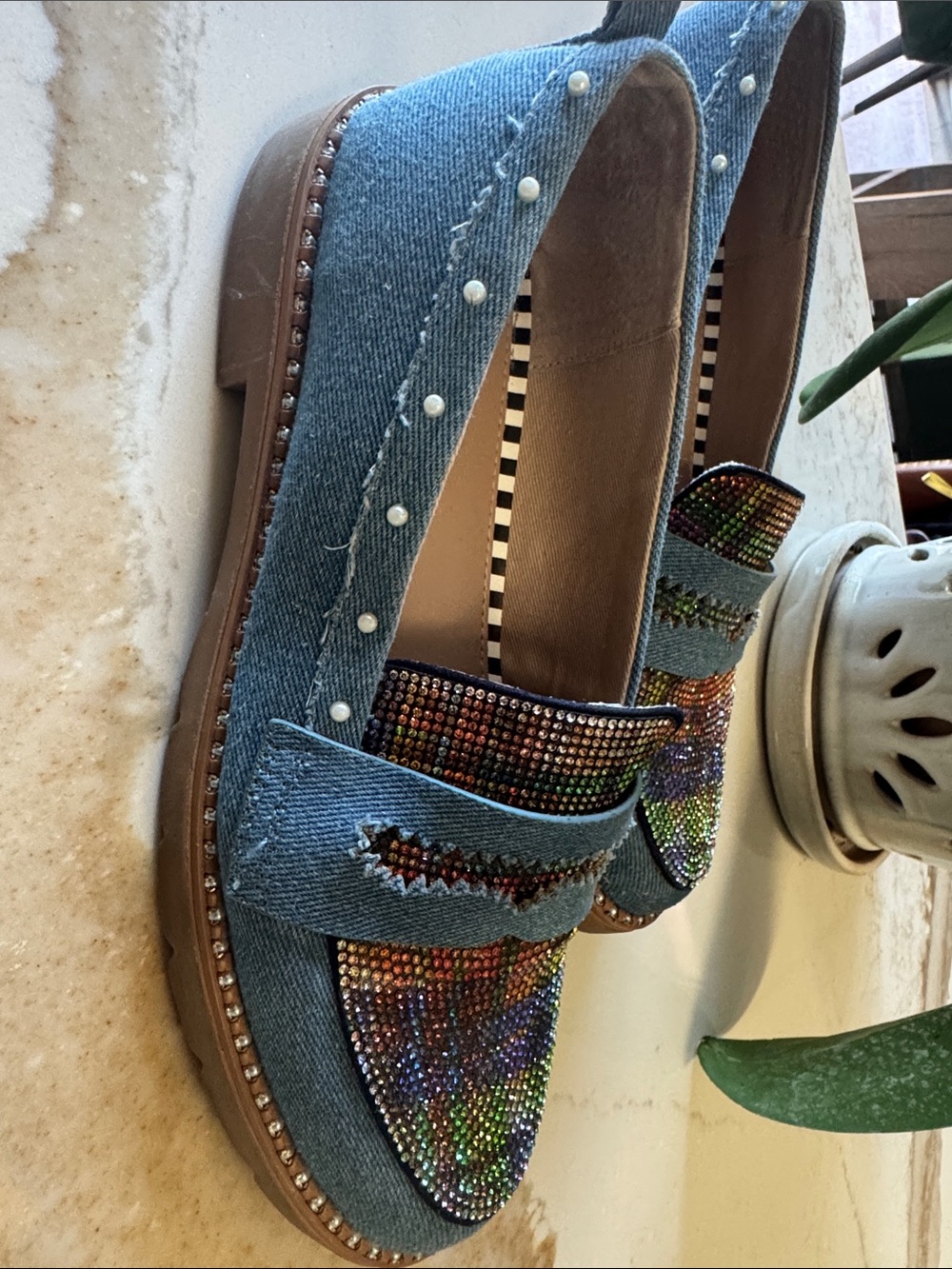 Betsey Johnson Blue Denim Loafers with Multicolor Rhinestones - Picture 5 of 5